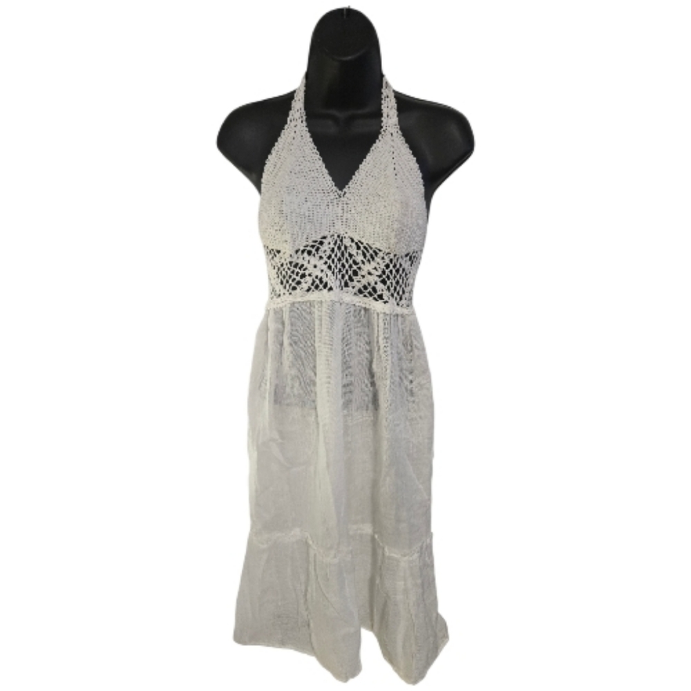 Handmade White Dress. Crochet Halter Top, Backless, Mesh Skirt Bohemian, Beach